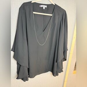 Jennifer Lopez Black Sheer V-Neck Bell Sleeve Blouse Removable Silver Chain 2X